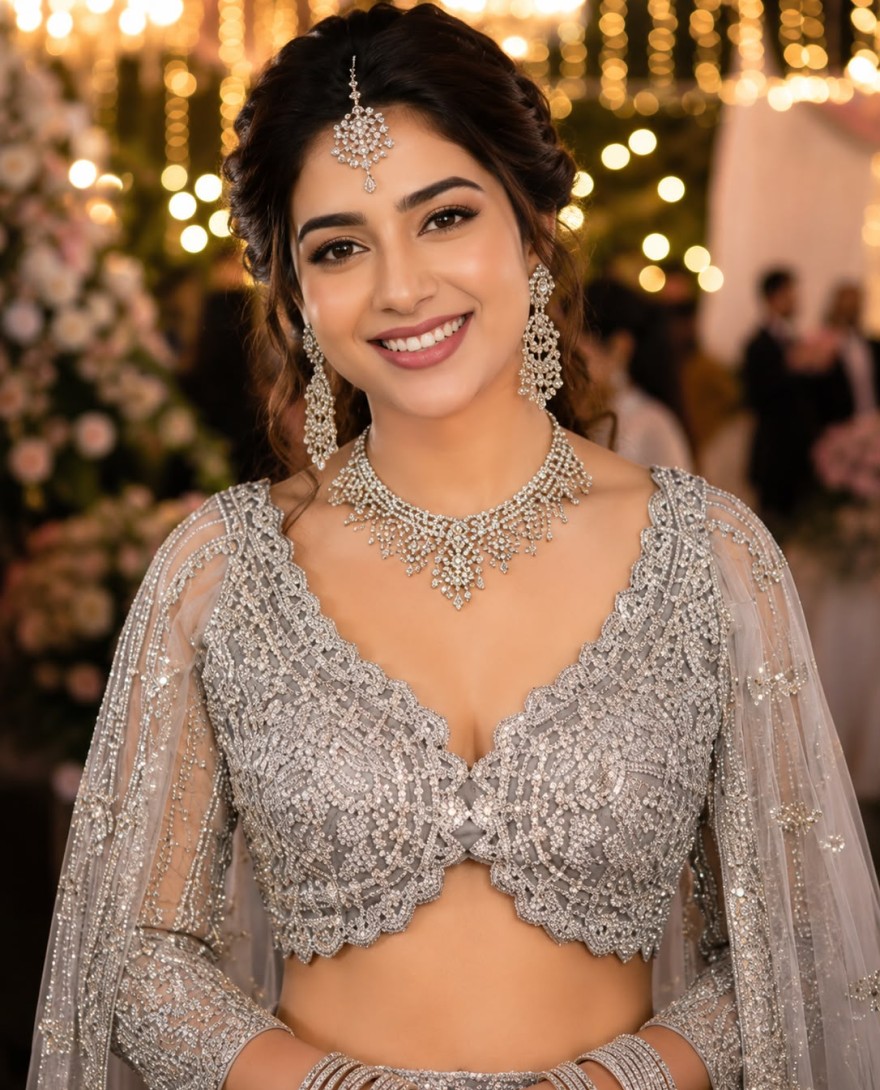 SILVER - Grey Net Lehenga Choli with Embroidered and Thread Work